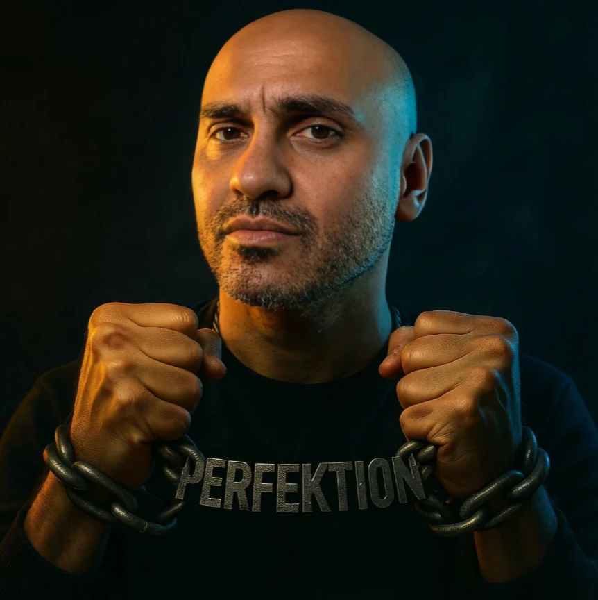 GRIMMGHOZT mit Ketten an den Handgelenken und dem Schriftzug Perfektion