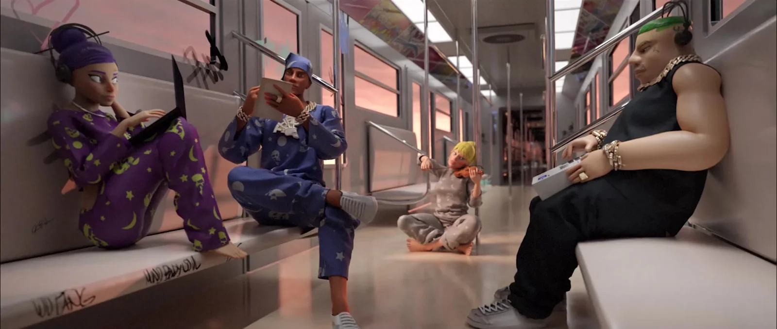 ThruHell-Crew in einer futuristischen U-Bahn